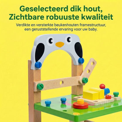 Houten Gereedschapsstoel Pinguïn - 2-in-1 Constructie Speelgoed & Kinderstoeltje - Toolbox Met Hamer, Schroevendraaier & Moersleutel - Gereedschapskoffer - Montessori Werkbank voor Peuters - Educatief cadeau 3+ , 31 x 8.5 x 25.7