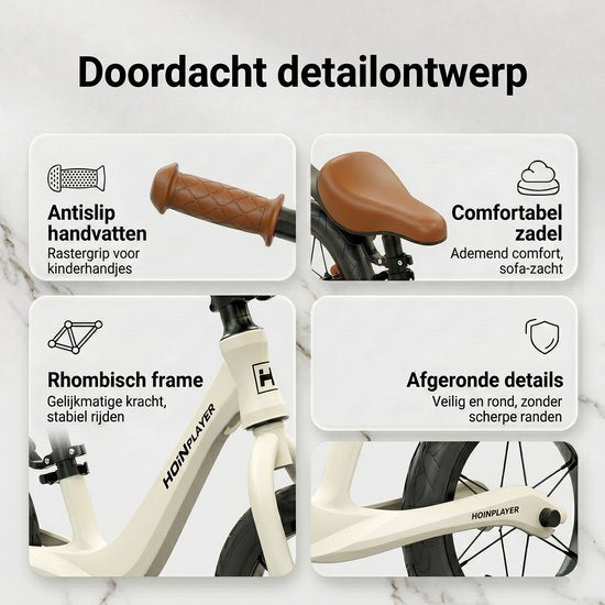 Loopfiets 12 inch met rubberen luchtbanden - Kinderfiets - Lichtgewicht magnesiumframe (0,65 kg) - Inclusief fietspomp - Verstelbaar zadel (31-45 cm) - Totaalgewicht 3,1 kg - Antislip handvatten - Stalen spaken - Voor kinderen vanaf 2 jaar - Wit