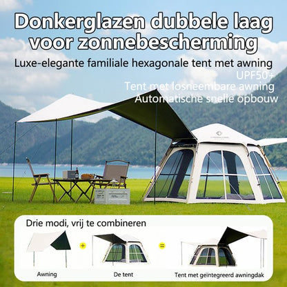 Pop-up Familietent met XXL Zonnescherm - 4-Persoons Koepeltent - Opzetten in 3 Seconden - Inclusief Voorluifel voor Extra Leefruimte - Waterdichte kampeertent - pop up tent voor Kamperen - festival tent + Draagtas - Wit