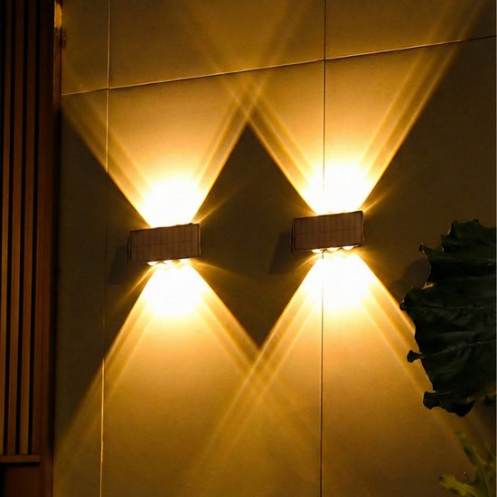 Solar Wall Lamp Up & Down - Warm White Light with 2 Light Modes - 6 LED - IP55 Waterproof Outdoor Solar Lamp - 3000K - Garden Lighting - Garden Mood Lamp - Atmospheric Facade Lighting for Garden, Fence & Terrace - 2400mAh Battery - Black 