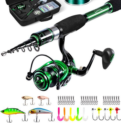 Green Phantom Telescopische Vishengel Set – 30T Grafiet – Compacte Reisset met Molen, Aas en Lijn – Voor Zoet- en Zoutwater – Voor Beginners en Gevorderden - Groen - 2.4M 8FT