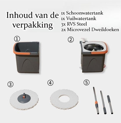 Dweilsysteem met Emmer - Mopsysteem&Mopset - Roterende Vloerwisser met RVS Centrifuge - Met Zeepdispenser & Wateruitlaat - Incl. 2 Microvezel Pads - Telescopische Steel - Voor Alle Vloeren