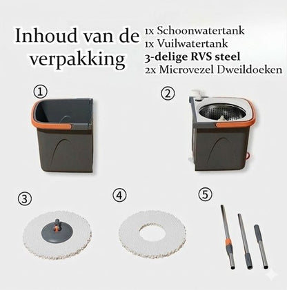 Dweilsysteem met Emmer - Mopsysteem&Mopset - Dweil met schoon en vuil water gescheiden - Roterende Vloerwisser met RVS Centrifuge - Met Zeepdispenser & Wateruitlaat - Incl. 2 Microvezel Pads - Telescopische Steel - Voor Alle Vloeren