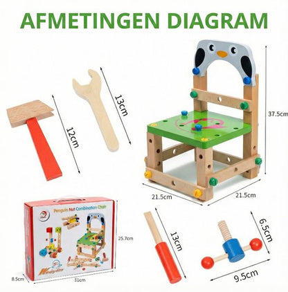 Houten Gereedschapsstoel Pinguïn - 2-in-1 Constructie Speelgoed & Kinderstoeltje - Toolbox Met Hamer, Schroevendraaier & Moersleutel - Gereedschapskoffer - Montessori Werkbank voor Peuters - Educatief cadeau 3+ , 31 x 8.5 x 25.7