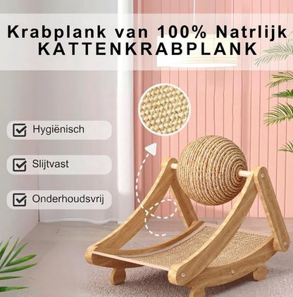 3-in-1 Krabplank voor Katten - Ergonomische Boogvorm Krabpaal met Jute Krabbal - Duurzaam Krabmeubel & Kattenmand - Slapen, Spelen & Krabben - Inclusief Kattenspeelgoed - Stevige Krabmat van Hout & Jute - 55x42x32 cm