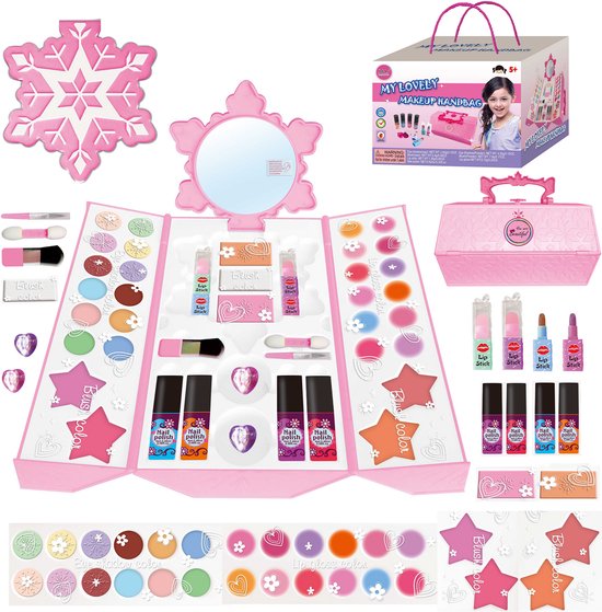 Luxe Kinder Make-up Set in Handtas met Oogschaduw & Lipgloss - 45-delige Cosmetica Koffer met Peel-Off Nagellak & Spiegel - 100% Afwasbaar & Veilige Ingrediënten - Hét Cadeau voor Verjaardag - Uitgebreid Speelgoed Cadeau voor Meisjes Vanaf 5 Jaar