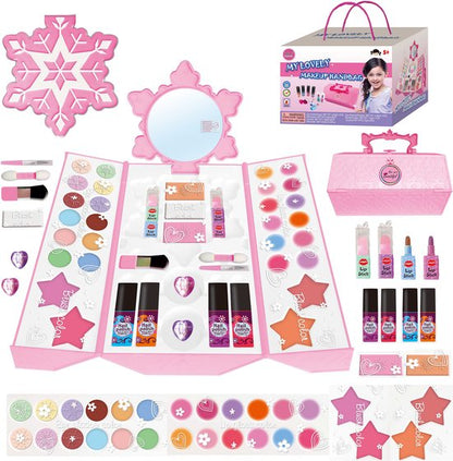 Luxe Kinder Make-up Set in Handtas met Oogschaduw & Lipgloss - 45-delige Cosmetica Koffer met Peel-Off Nagellak & Spiegel - 100% Afwasbaar & Veilige Ingrediënten - Hét Cadeau voor Verjaardag - Uitgebreid Speelgoed Cadeau voor Meisjes Vanaf 5 Jaar