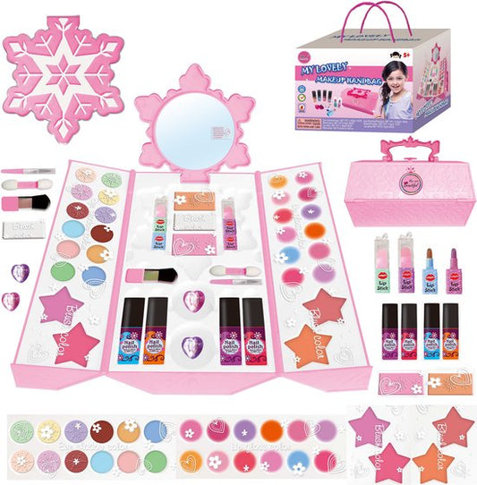 Luxe Kinder Make-up Set in Handtas met Oogschaduw & Lipgloss - 45-delige Cosmetica Koffer met Peel-Off Nagellak & Spiegel - 100% Afwasbaar & Veilige Ingrediënten - Hét Cadeau voor Verjaardag - Uitgebreid Speelgoed Cadeau voor Meisjes Vanaf 5 Jaar