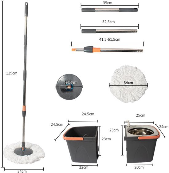 Dweilsysteem met Emmer - Mopsysteem&Mopset - Roterende Vloerwisser met RVS Centrifuge - Met Zeepdispenser & Wateruitlaat - Incl. 2 Microvezel Pads - Telescopische Steel - Voor Alle Vloeren