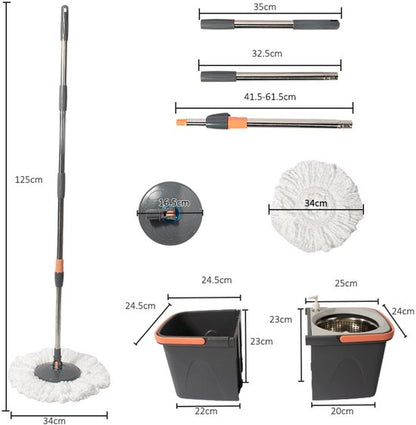 Dweilsysteem met Emmer - Mopsysteem&Mopset - Roterende Vloerwisser met RVS Centrifuge - Met Zeepdispenser & Wateruitlaat - Incl. 2 Microvezel Pads - Telescopische Steel - Voor Alle Vloeren
