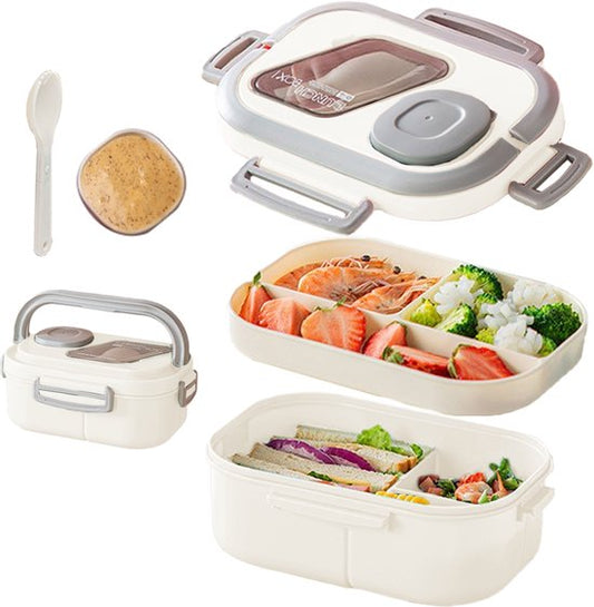 Lunchbox met sausbox ‌en bestek‌, Lekvrij Bento Box 1200ml voor Diepvries, Vaatwasser & Magnetronbestendig, met Silicone Afdichtring, Dubbele Laag met 6 Vakken Voor volwassenen en kinderen‌, ‌Wit-21*14.5*8.6cm