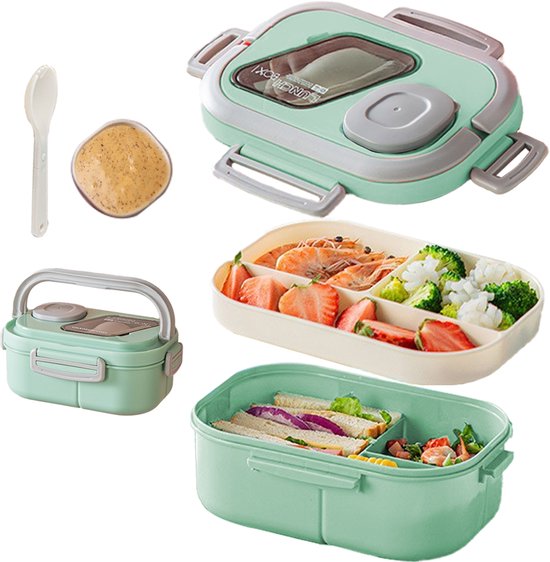 Lunchbox Set 1200+600ml voor Vaatwasser & Magnetronbestendig - Yoghurt en Muesli beker to go - broodtrommel met sausbox ‌en bestek‌ - Lunchpot met Isolerende Draagtas -Bento box voor volwassenen en kinderen‌ - Voor Werk, School, Picnic - Groen