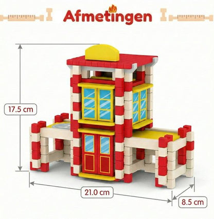 Houten Bouwstenen Set met Pen-en-Gatverbinding - Brandweerkazerne - 3D Puzzel & Constructie Speelgoed - Hout blokjes Peuter Cadeau - Rollenspellen - Bouwblokken - Educatief Montessori Speelgoed voor Kinderen - Vanaf 3 Jaar - Rood