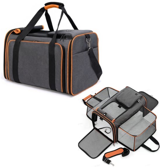 Grote Uitbreidbare Huisdier Reistas - 48x31x80 cm - Draagtas Hond - Draagtas Kat - Kattentas - Draagtas voor Katten & Kleine Honden - Tot 8kg - Opvouwbaar - Ventilerend - Met Bagageband & Schouderband - Met Opbergvakken - Oranje
