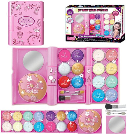 Kinder Make-up Set in Notitieboekje - 19-delig Speelgoed Make-up Palet met Spiegel - Afwasbaar & Parabeenvrij - Veilige Cosmetica met Oogschaduw & Lipgloss - kinder make up koffer - Rollenspel - Cadeau voor Meisjes 5 tot 8 Jaar