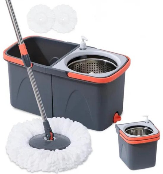 Dweilsysteem met Emmer - Mopsysteem&Mopset - Dweil met schoon en vuil water gescheiden - Roterende Vloerwisser met RVS Centrifuge - Met Zeepdispenser & Wateruitlaat - Incl. 2 Microvezel Pads - Telescopische Steel - Voor Alle Vloeren