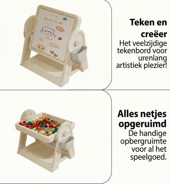 Kindertafel Met 1 Stoel + 2 Bakjes + 209 Grote Bouwstenen- 2-in-1 Bouwtafel & Leertafel - Speeltafel Geschikt voor Lego® & Duplo® blokken - Blokken Tafel Kinderen - Legotafel- zandtafel - watertafel - Ideaal Cadeau voor Verjaardagen, Wit