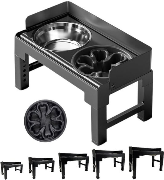 Verhoogde anti-schrokbak hond - 5 Hoogtes (21-29cm) - Anti-Schrokbak - RVS Waterbak & Spatrand - BPA-Vrij - Betere Spijsvertering en Nekbescherming - Anti-Knoei Hondenvoerbak - Gemakkelijk Reinigbaar - Zwart
