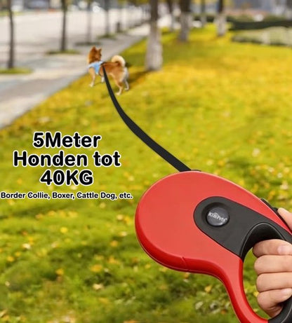 Uitschuifbare Hondenriem 5M (Tot 40KG) - Hondenlijn uittrekbaar - Automatische hondenriem - Rollijn - Anti-klit - Ergonomisch Handvat met Remsysteem - RVS Sluiting - Quick Lock Functie - rood
