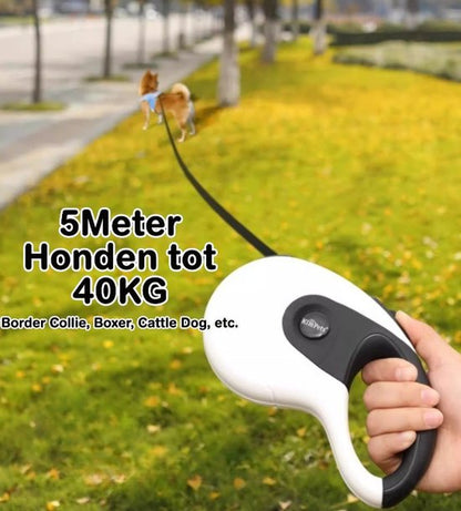 Uitschuifbare Hondenriem 5M (Tot 40KG) - Hondenlijn uittrekbaar - Automatische hondenriem - Rollijn - Anti-klit - Ergonomisch Handvat met Remsysteem - RVS Sluiting - Quick Lock Functie - wit