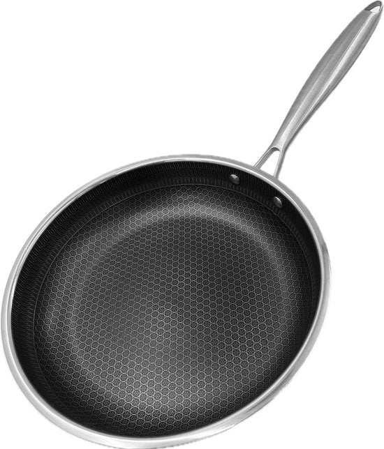 RVS Koekenpan Ø 26 cm - PFAS & PTFE vrij - RVS Honingraat Anti-Aanbakpan (Hybrid) – Krasbestendig & Slijtvast – Geschikt voor Inductie, Gas & Oven – Met RVS Handgreep – Hoge Rand (6 cm) – Roestvrij Stalen Bakpan –Vaatwasserbestendig