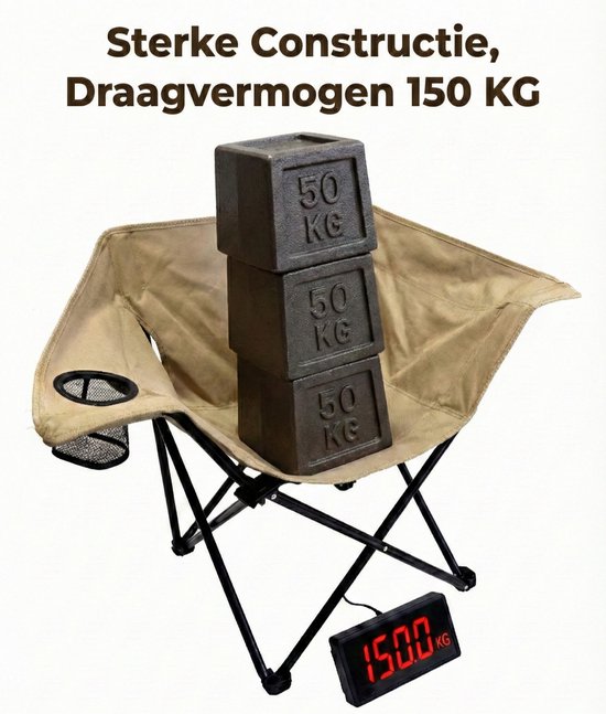 Campingstoel Maanstoel - Opvouwbaar tot 150kg - Comfortabel & Ademend met Bekerhouder - Lichtgewicht Vouwstoel met Draagtas voor Camping, Strand & Tuin - Visstoel met Armleuningen - 600D Oxford Klapstoel - Kampeerstoel - Visstoeltje Zandgeel / Beige