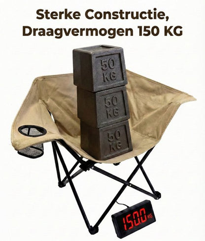 Campingstoel Maanstoel - Opvouwbaar tot 150kg - Comfortabel & Ademend met Bekerhouder - Lichtgewicht Vouwstoel met Draagtas voor Camping, Strand & Tuin - Visstoel met Armleuningen - 600D Oxford Klapstoel - Kampeerstoel - Visstoeltje Zandgeel / Beige