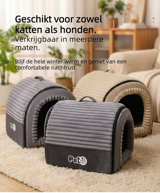 Hondenmand & Kattenhuis - 43*39*37CM - Luxe Huisdierbed - Opvouwbaar tot Sofa- Met Uitneembaar Kussen&Handvat - Wasbaar & Anti-slip - voor Middelgrote & Kleine Honden - Geschikt voor Alle Kittens - Indoor Iglo Slaapplek - Winter Warme Slaapzak -Beige