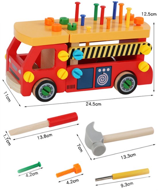 Montessori Tool Trolley Truck – Dismountable Workbench Car – Wooden Construction Toy with PVC Hammer, Nails and Screws, Educational Toy for Fine Motor Skills, Tool Trolley & Truck (Ages 3+, Hand-Planed + Safe Paint) 
