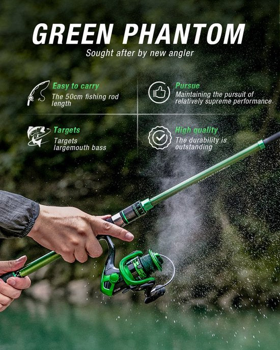 Green Phantom Telescopische Vishengel Set – 30T Grafiet – Compacte Reisset met Molen, Aas en Lijn – Voor Zoet- en Zoutwater – Voor Beginners en Gevorderden - Groen - 2.4M 8FT