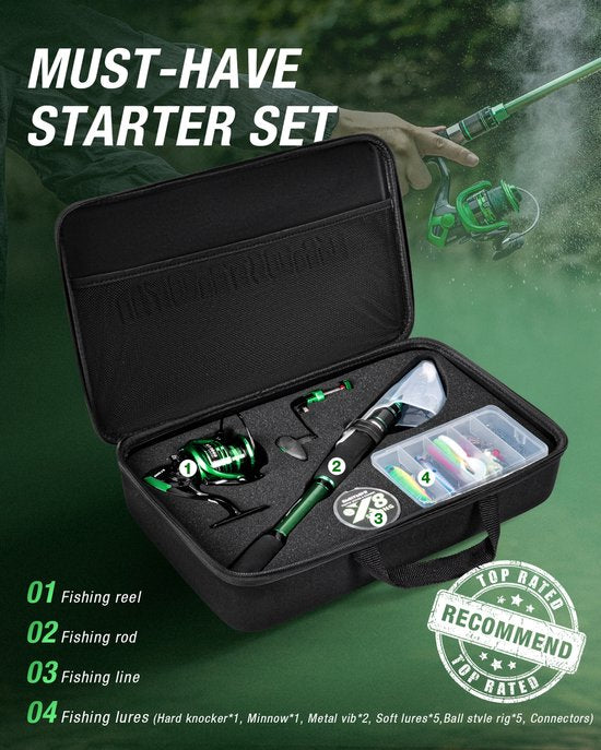 Green Phantom Telescopische Vishengel Set – 30T Grafiet – Compacte Reisset met Molen, Aas en Lijn – Voor Zoet- en Zoutwater – Voor Beginners en Gevorderden - Groen - 2.1M 7FT