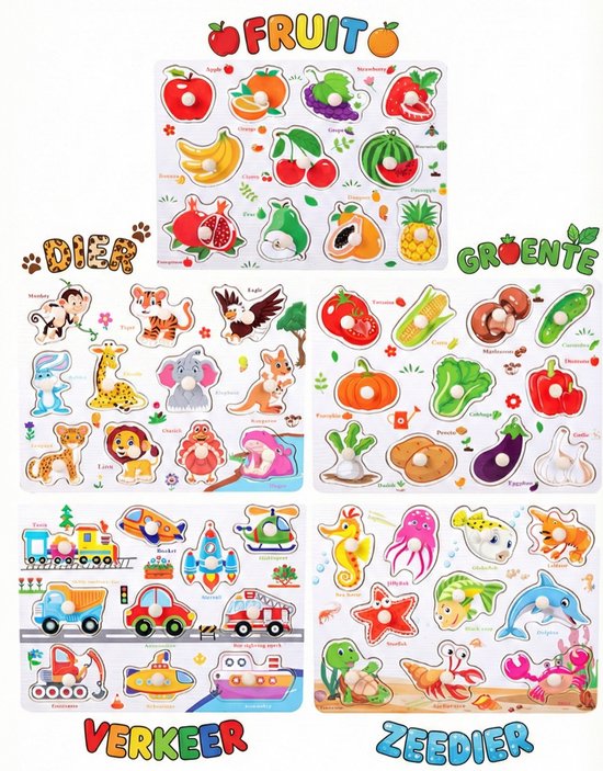 Educatieve Houten Knoppenpuzzel - Dieren - 2-in-1 Vormenpuzzel & Whiteboard inclusief Stift - Montessori Speelgoed voor Peuters - Blokpuzzel kind - Educatief Spel voor 3 4 5 6 7 Jaar - Ontwikkeling Fijne Motoriek