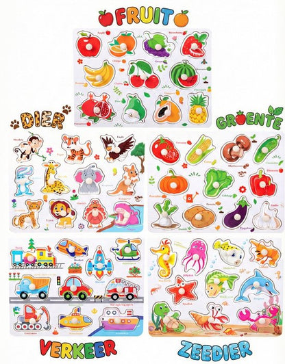 Educatieve Houten Knoppenpuzzel - Dieren - 2-in-1 Vormenpuzzel & Whiteboard inclusief Stift - Montessori Speelgoed voor Peuters - Blokpuzzel kind - Educatief Spel voor 3 4 5 6 7 Jaar - Ontwikkeling Fijne Motoriek