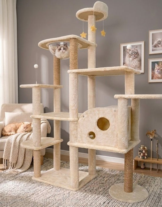 Grote Krabpaal met Ruimtecapsule en Kattenhuis - Krabpalen - Kattenmeubel - 7-Laagse Kattenboom - Natuurlijk Sisal - Extra Stabiel - Milieuvriendelijk Hout - Speelparadijs voor Binnenkatten - Beige