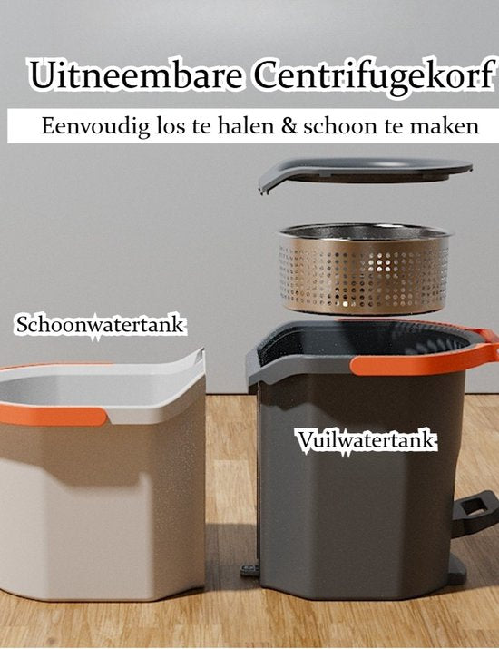 Roterend Mopsysteem met Voetpedaal - Mopset - Schoon & Vuil Water Scheiding - Dweilset met Emmer & 2 Microvezel Doeken - 180° Inklapbare Vloerwisser - RVS Steel (4-Delig) - Voor Alle Vloeren - Turbo Wringmechanisme - Ideaal tegen Huisdierharen & Stof