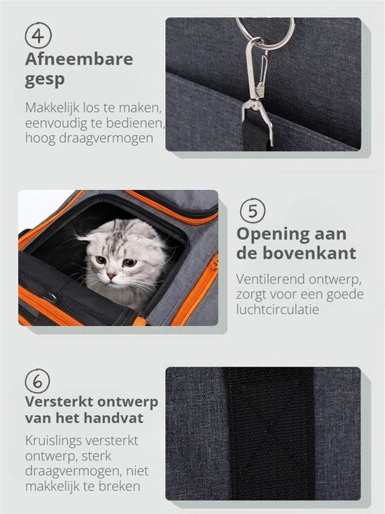 Grote Uitbreidbare Huisdier Reistas - 48x31x80 cm - Draagtas Hond - Draagtas Kat - Kattentas - Draagtas voor Katten & Kleine Honden - Tot 8kg - Opvouwbaar - Ventilerend - Met Bagageband & Schouderband - Met Opbergvakken - Oranje