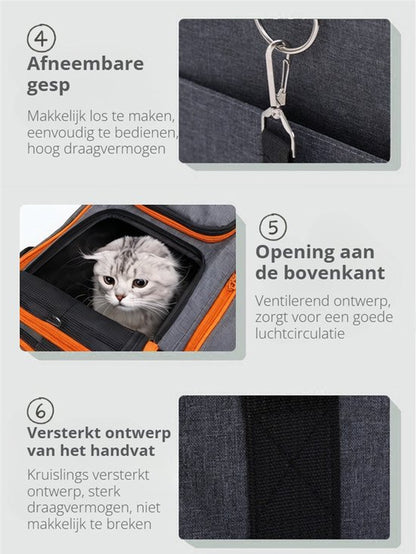 Grote Uitbreidbare Huisdier Reistas - 48x31x80 cm - Draagtas Hond - Draagtas Kat - Kattentas - Draagtas voor Katten & Kleine Honden - Tot 8kg - Opvouwbaar - Ventilerend - Met Bagageband & Schouderband - Met Opbergvakken - Oranje