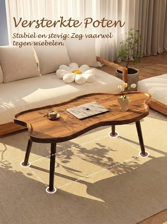 Japandi salontafel- Organische Salontafel (120x60) - Walnoot look - Wolkvorm Koffietafel in Notenhout Kleur - Salontafel zonder scherpe hoeken - Salontafel met dienbladblad - Wabi- Japandi Woonkamer Tafel met Opstaande Rand - Modern & Uniek Design