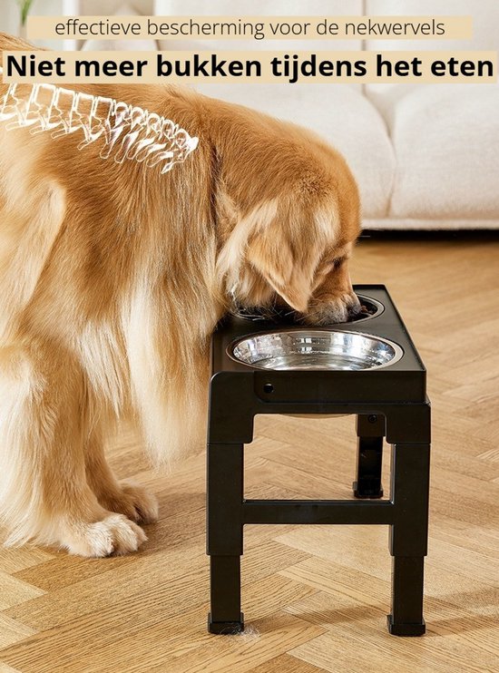 Verhoogde anti-schrokbak hond - 5 Hoogtes (21-29cm) - Anti-Schrokbak - RVS Waterbak & Spatrand - BPA-Vrij - Betere Spijsvertering en Nekbescherming - Anti-Knoei Hondenvoerbak - Gemakkelijk Reinigbaar - Zwart