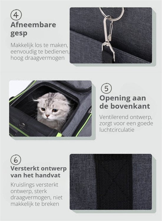 Grote Uitbreidbare Huisdier Reistas - 48x31x80 cm - Draagtas Hond - Draagtas Kat - Kattentas - Draagtas voor Katten & Kleine Honden - Tot 8kg - Opvouwbaar - Ventilerend - Met Bagageband & Schouderband - Met Opbergvakken - Groen