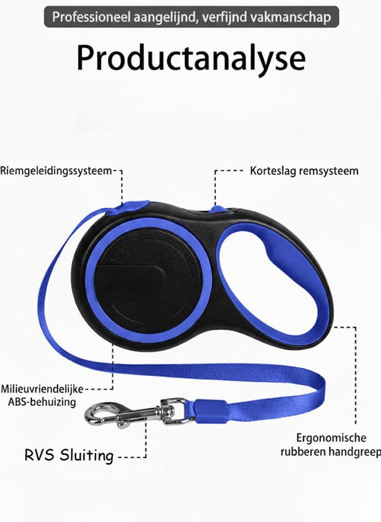 Uitschuifbare Hondenriem 3M (Tot 15KG) - Rollijn Hondenriem - Hondenlijn uittrekbaar - Automatische hondenriem - Rollijn - Anti-klit - Ergonomisch Handvat met Remsysteem - RVS Sluiting - Quick Lock Functie - blauw