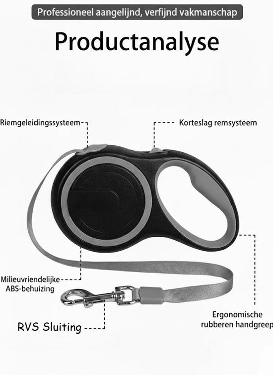 Uitschuifbare Hondenriem 3M (Tot 15KG) - Rollijn Hondenriem - Hondenlijn uittrekbaar - Automatische hondenriem - Rollijn - Anti-klit - Ergonomisch Handvat met Remsysteem - RVS Sluiting - Quick Lock Functie - grijs