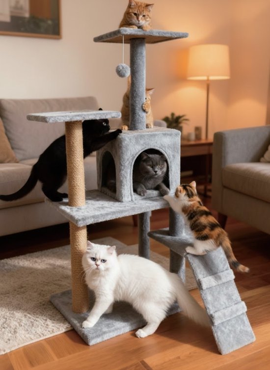 Krabpaal voor Katten - 52x38x120 cm - Krabpalen - Kattenmeubel - Krabboom - met Kattenhuis, Sisalpalen en Trapje - Stabiele Kattenboom - Meerdere Niveaus - Speeltoestel met Speelballetje - Zacht Pluche - Geschikt voor Kittens en Volwassen Katten