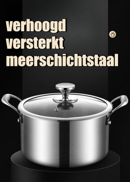 RVS Soeppan met Glazen Deksel - Ø 26 cm - 4.5 Liter - Geschikt voor Inductie & Gas - Hoge Kookpan - Zilver - PFAS-vrij - Grote Roestvrij Stalen Bouillonpan & Stamppotpan - Vaatwasserbestendig