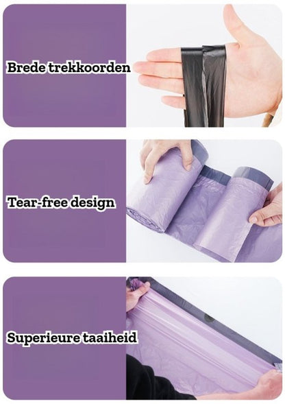 Paarse Vuilniszakken met Trekkoord - 45 Liter 100 Stuks - 65 x 60 cm - Extra Dikke Sterk HDPE Afvalzakken - Scheurvast & Lekvrij - Luxe Design - Voor Keuken & Kantoor - Ondoorzichtig & Discreet - Ideaal voor Restafval en Plastic