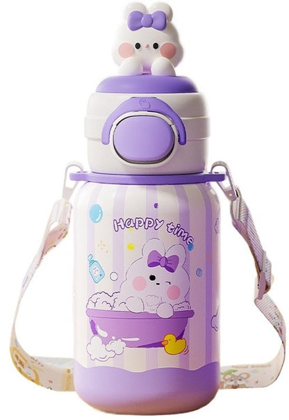 316 RVS Kinder Thermosfles & Kinderdrinkfles met Rietje en Drinktuit - 500ml Lekvrije Schoolbeker voor Meisjes & Jongens - 12u Warm/Koud Isoleerfles - BPA-Vrij & Food Grade - Ideaal Cadeau voor School, Sport & Onderweg - Met koord - konijnen