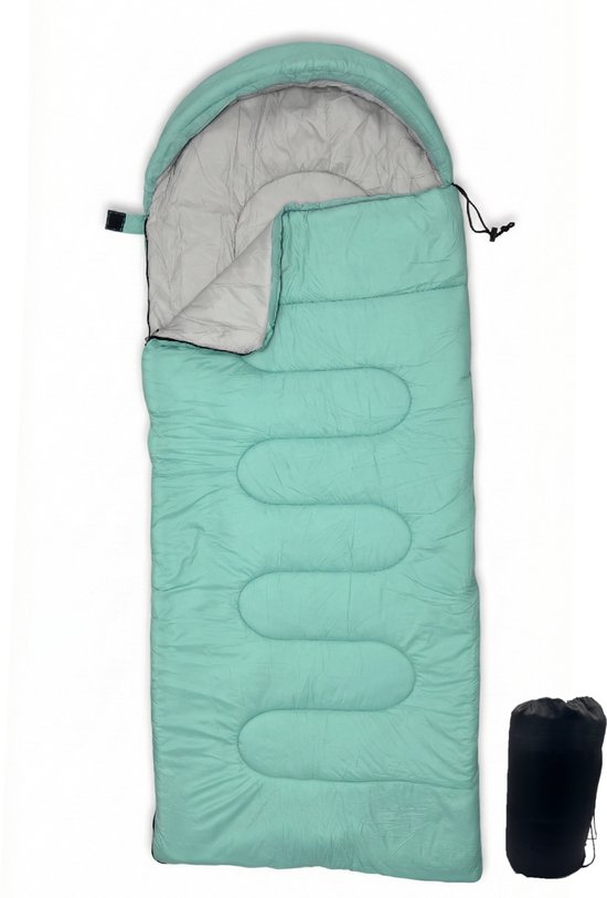 Lichtgewicht Slaapzak 1kg voor Kinderen - Compacte Envelop Slaapzak met Capuchon - 170x70 cm - Waterafstotend 380T Nylon - 4 Seizoenen - Machine Wasbaar - Ideaal voor Kamperen, Logeren & Wandelen - 2×Wegs Rits Inclusief Compressiezak - Muntgroen