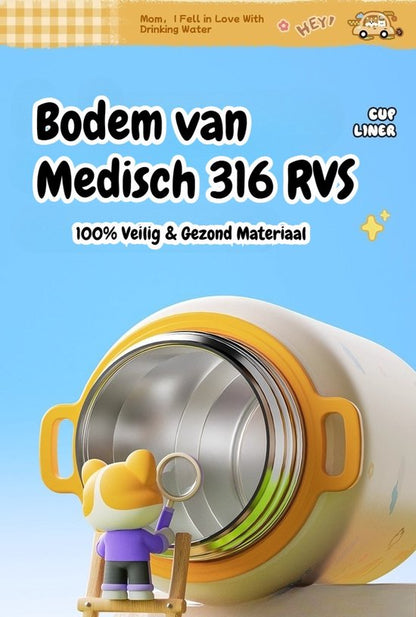 316 RVS Kinder Thermosfles & Kinderdrinkfles met Rietje en Drinktuit - 500ml Lekvrije Schoolbeker voor Meisjes & Jongens - 12u Warm/Koud Isoleerfles - BPA-Vrij & Food Grade - Ideaal Cadeau voor School, Sport & Onderweg - Met koord - Corgi Hond