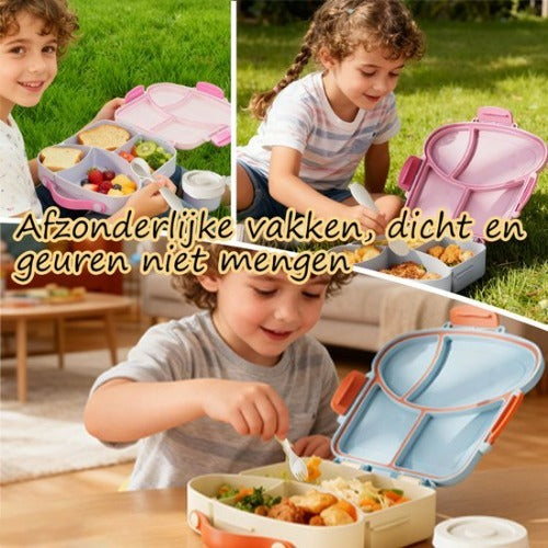 Lunchbox met sausbox ‌en bestek‌ - Lekvrij Bento Box 900ml voor Diepvries, Vaatwasser & Magnetronbestendig - met Silicone Afdichtring - met 4 Vakken Voor volwassenen en kinderen‌ - Groen -20.5×21.5×5cm - 100% Lekvrij, BPA-vrij & Magnetronbestendig