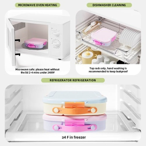 Lunchbox met sausbox ‌en bestek‌ - Lekvrij Bento Box 900ml voor Diepvries, Vaatwasser & Magnetronbestendig - met Silicone Afdichtring - met 4 Vakken Voor volwassenen en kinderen‌ - Groen -20.5×21.5×5cm - 100% Lekvrij, BPA-vrij & Magnetronbestendig